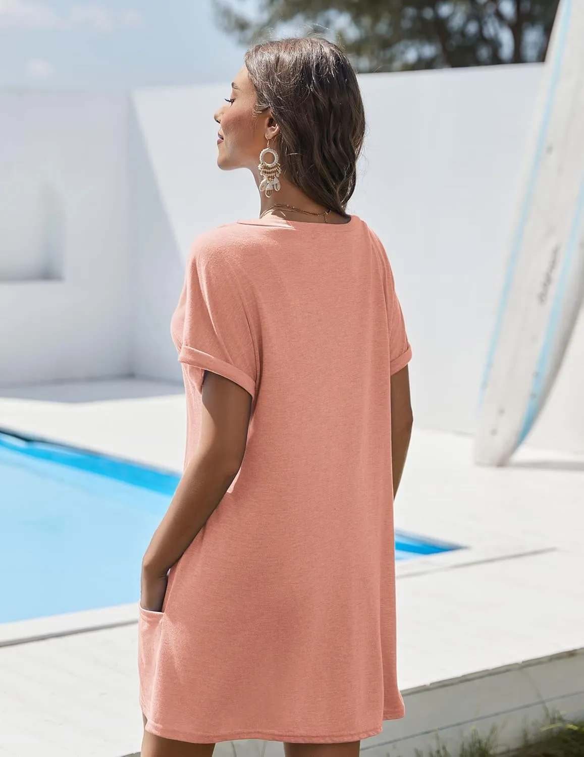 AI'MAGE Swimsuit Coverup for Women 2025 Bathing Suit Cover Up Short Sleeve Swimwear Bikini Beach T-Shirt with Pockets
