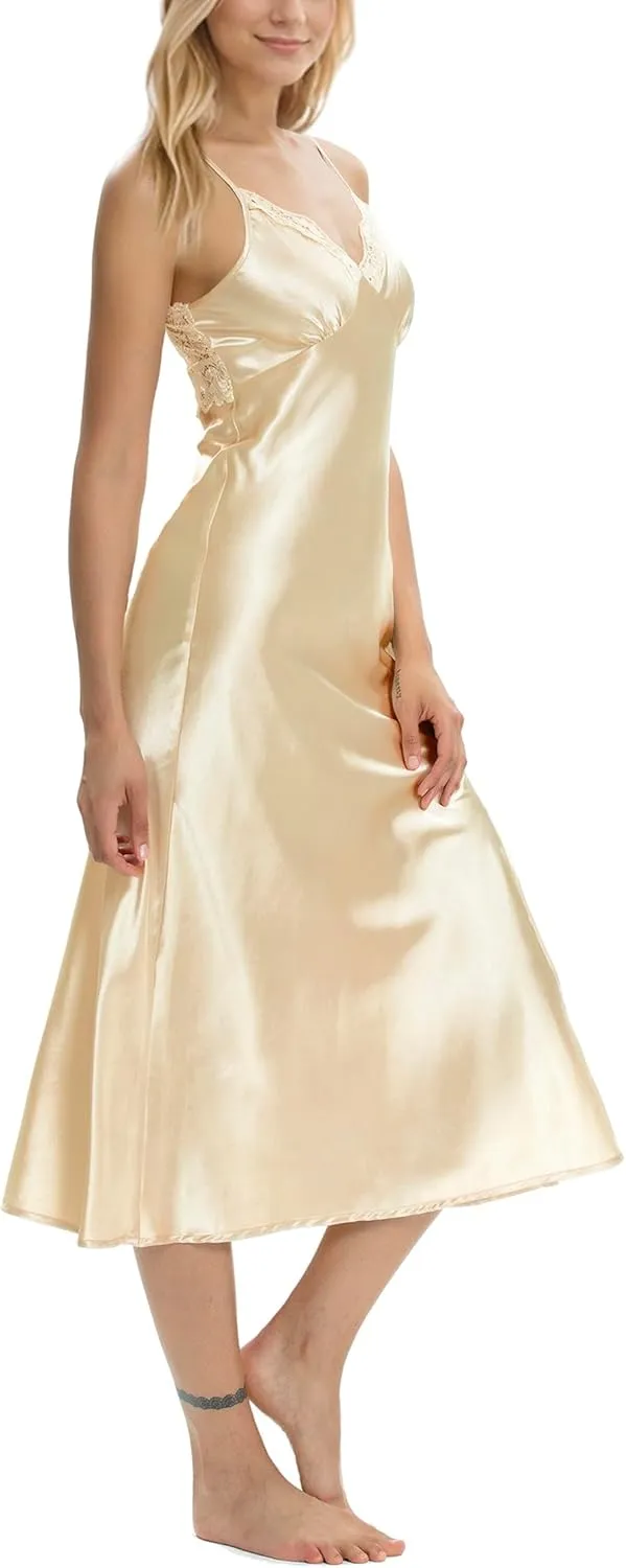 ALCEA ROSEA Women Silk Satin Nightgown Sexy Lace Chemise Lingerie Long Sleepdress for Ladies Sleepwear Slip Negligee