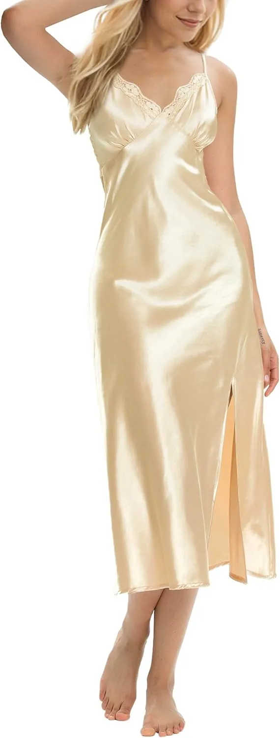 ALCEA ROSEA Women Silk Satin Nightgown Sexy Lace Chemise Lingerie Long Sleepdress for Ladies Sleepwear Slip Negligee