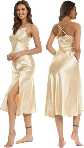 ALCEA ROSEA Women Silk Satin Nightgown Sexy Lace Chemise Lingerie Long Sleepdress for Ladies Sleepwear Slip Negligee