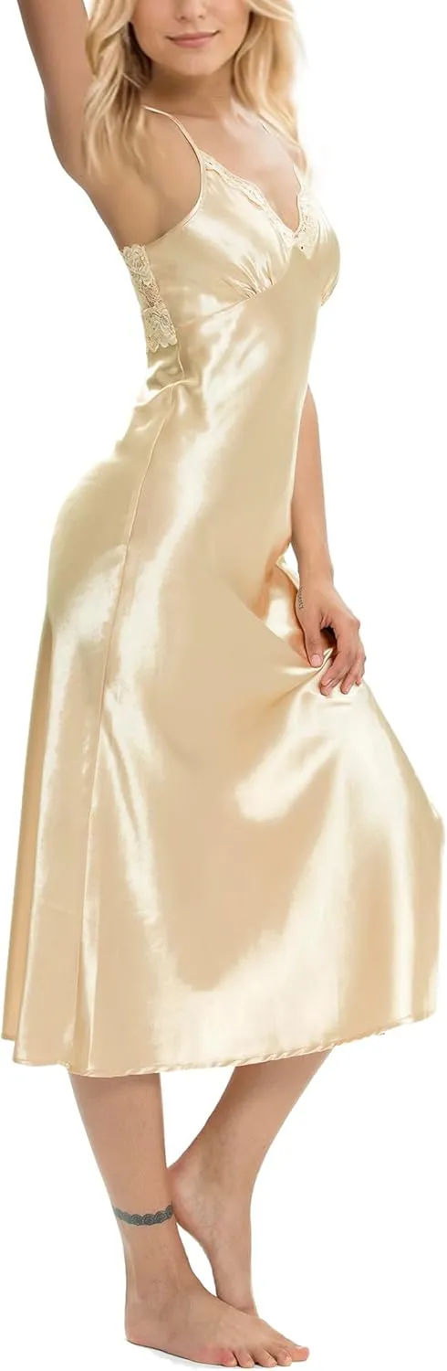 ALCEA ROSEA Women Silk Satin Nightgown Sexy Lace Chemise Lingerie Long Sleepdress for Ladies Sleepwear Slip Negligee