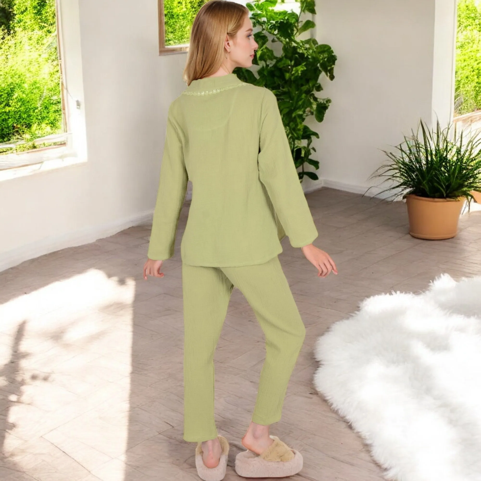 Anna-Kaci Women's Lightweight Gauze Pajama Set with Lace Trim and Button-Up Design