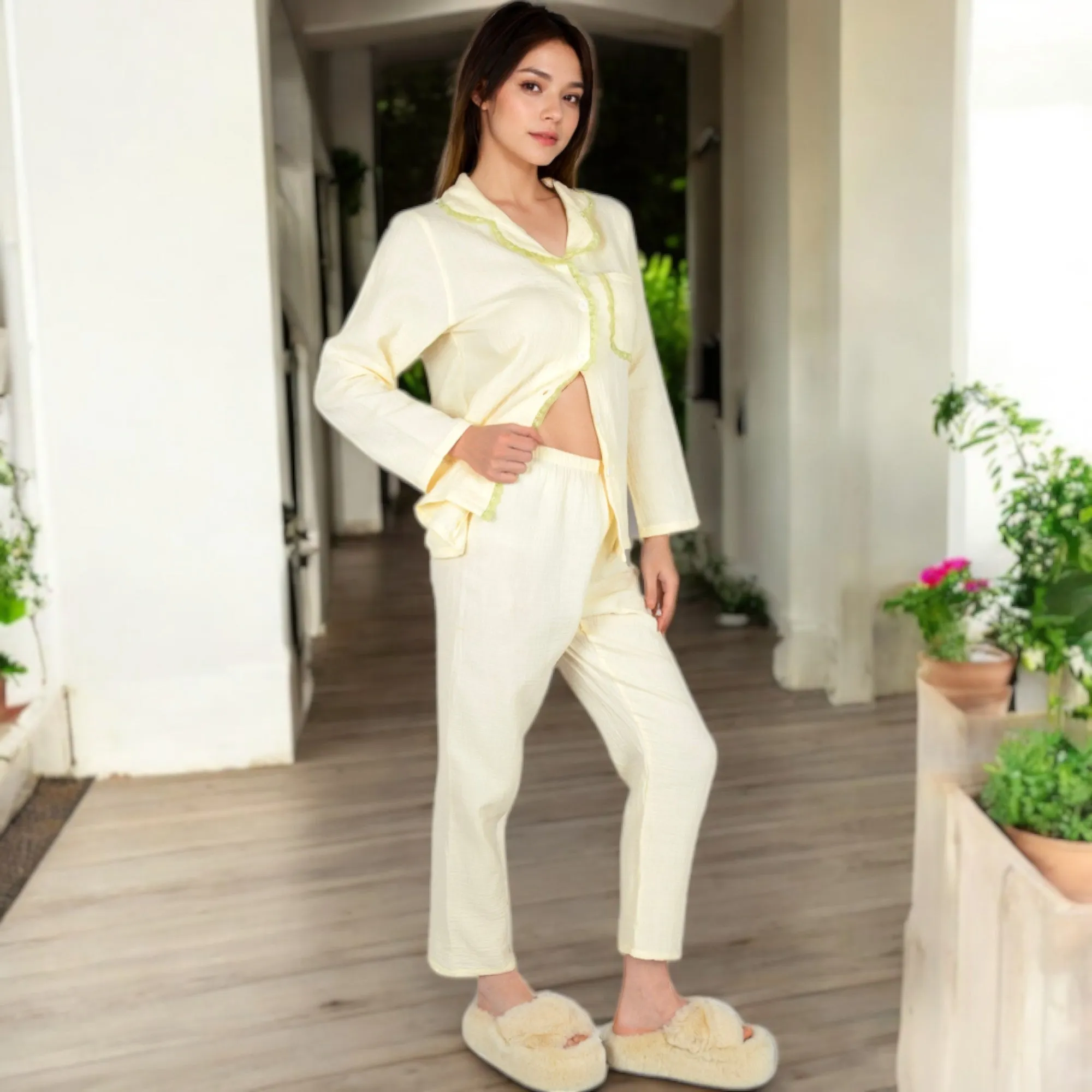 Anna-Kaci Women's Lightweight Gauze Pajama Set with Lace Trim and Button-Up Design