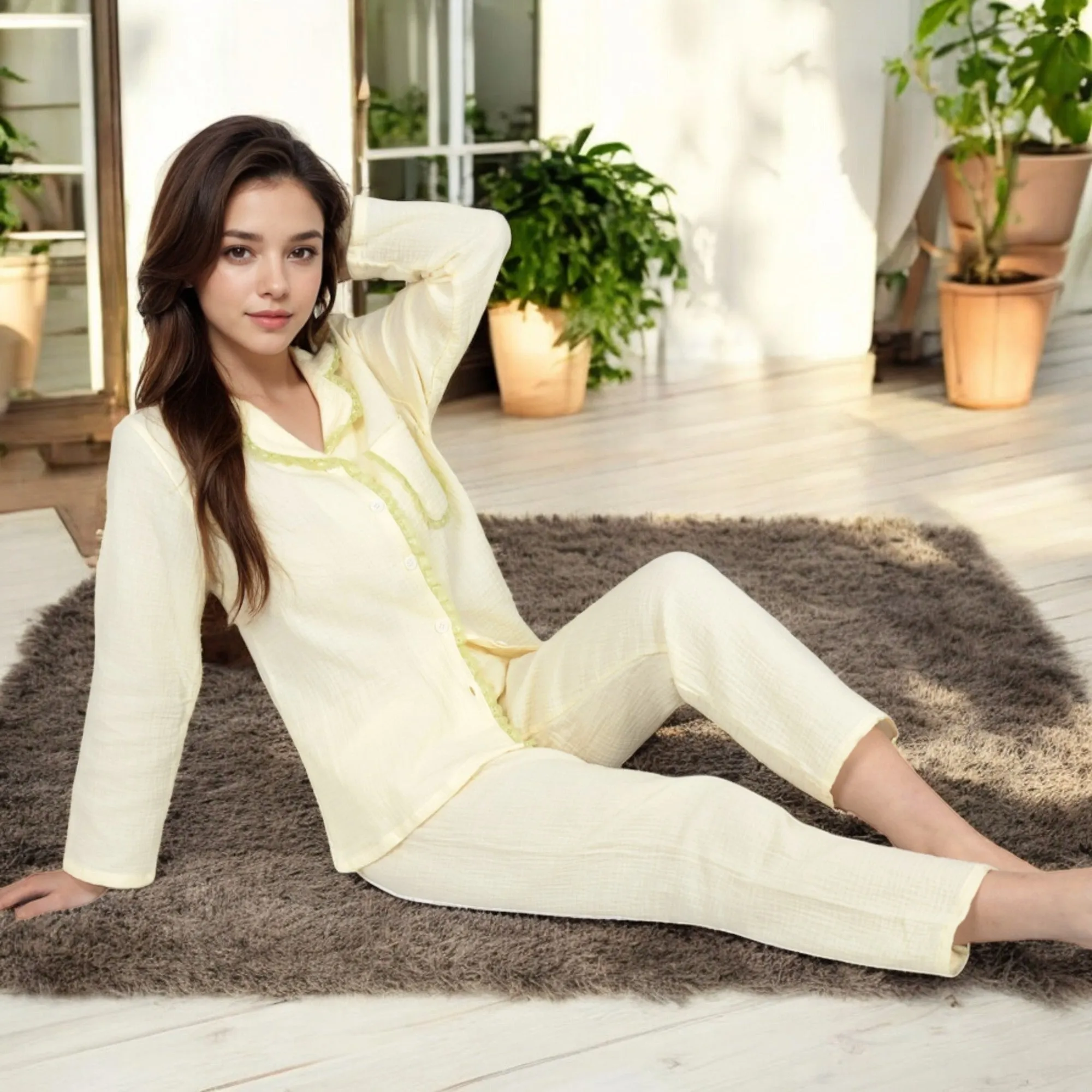 Anna-Kaci Women's Lightweight Gauze Pajama Set with Lace Trim and Button-Up Design