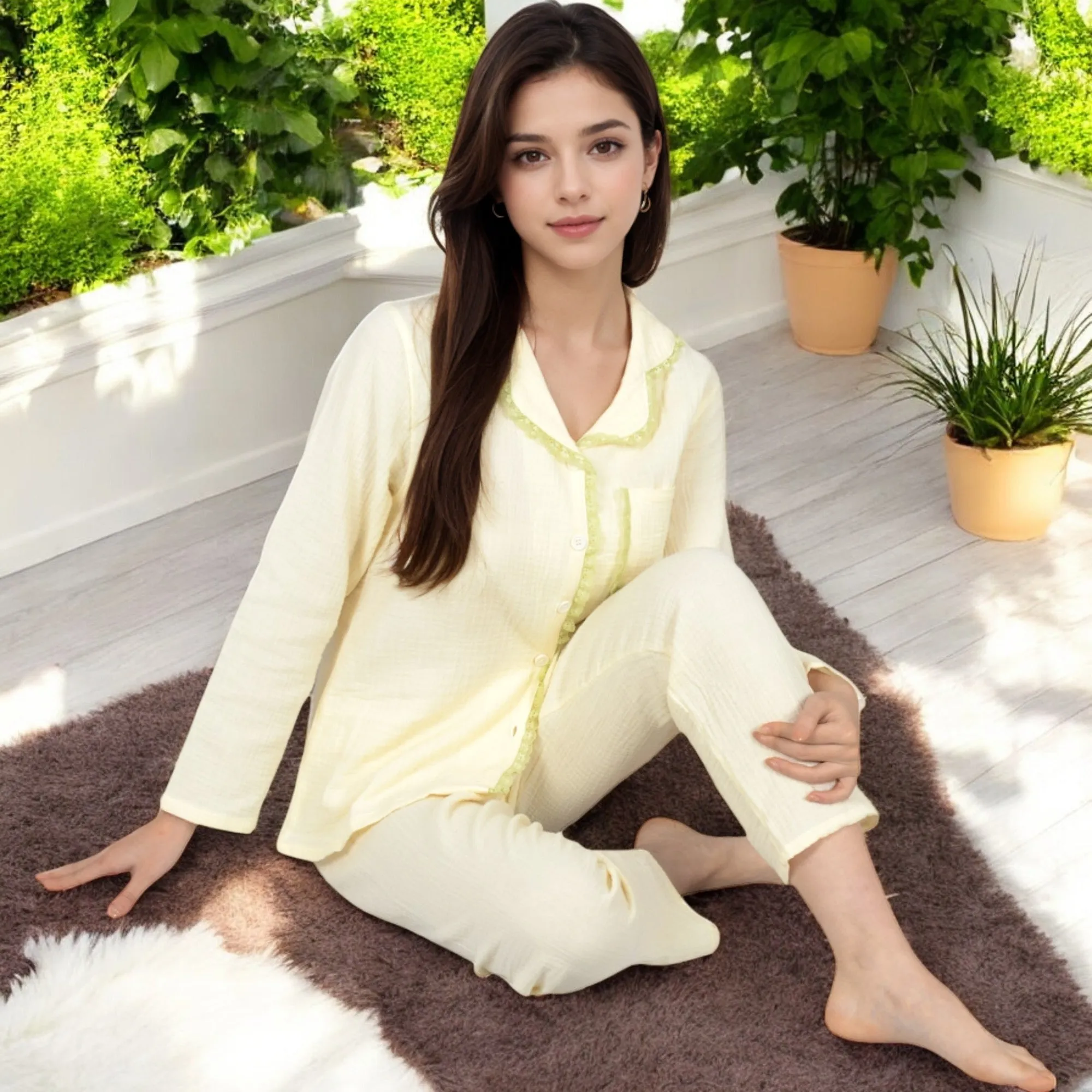 Anna-Kaci Women's Lightweight Gauze Pajama Set with Lace Trim and Button-Up Design