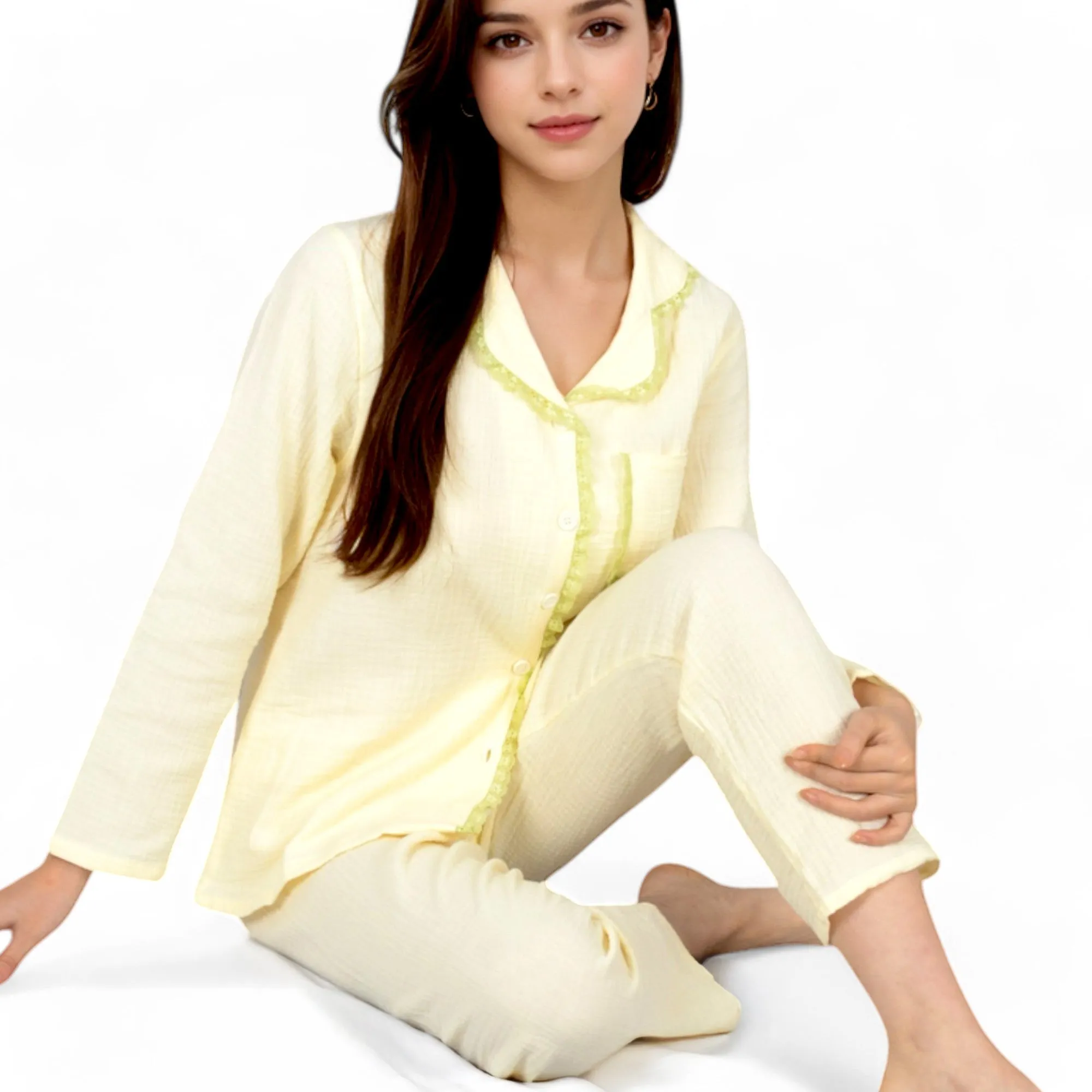 Anna-Kaci Women's Lightweight Gauze Pajama Set with Lace Trim and Button-Up Design