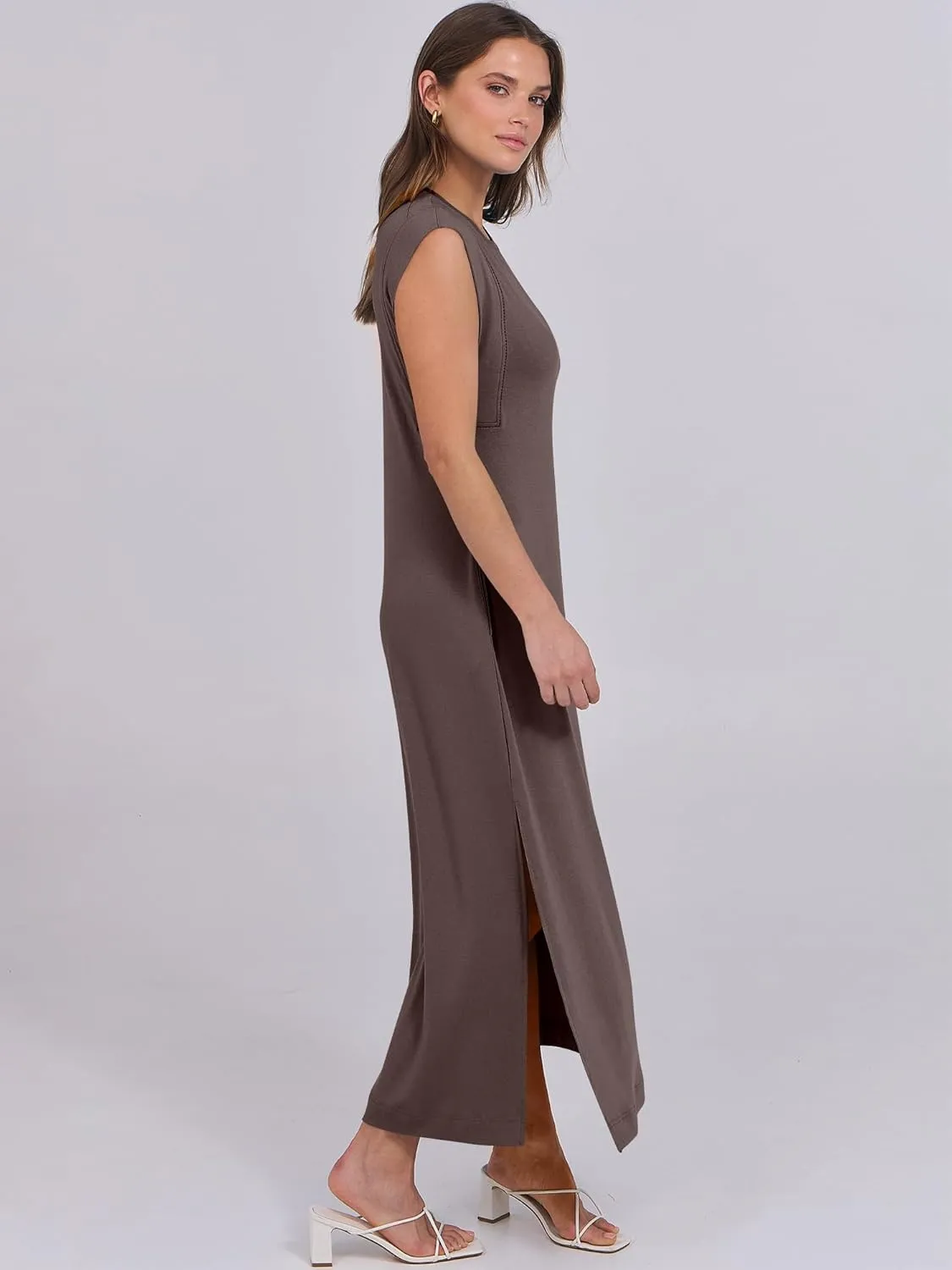 ANRABESS Womens Maxi Dresses 2025 Summer Casual Cap Sleeve Crew Neck Loose Split Beach Travel Long Shirt Sundress & Pockets