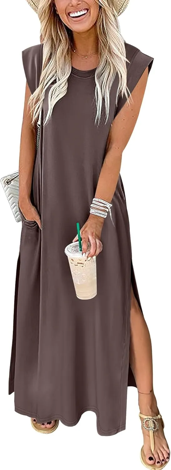 ANRABESS Womens Maxi Dresses 2025 Summer Casual Cap Sleeve Crew Neck Loose Split Beach Travel Long Shirt Sundress & Pockets