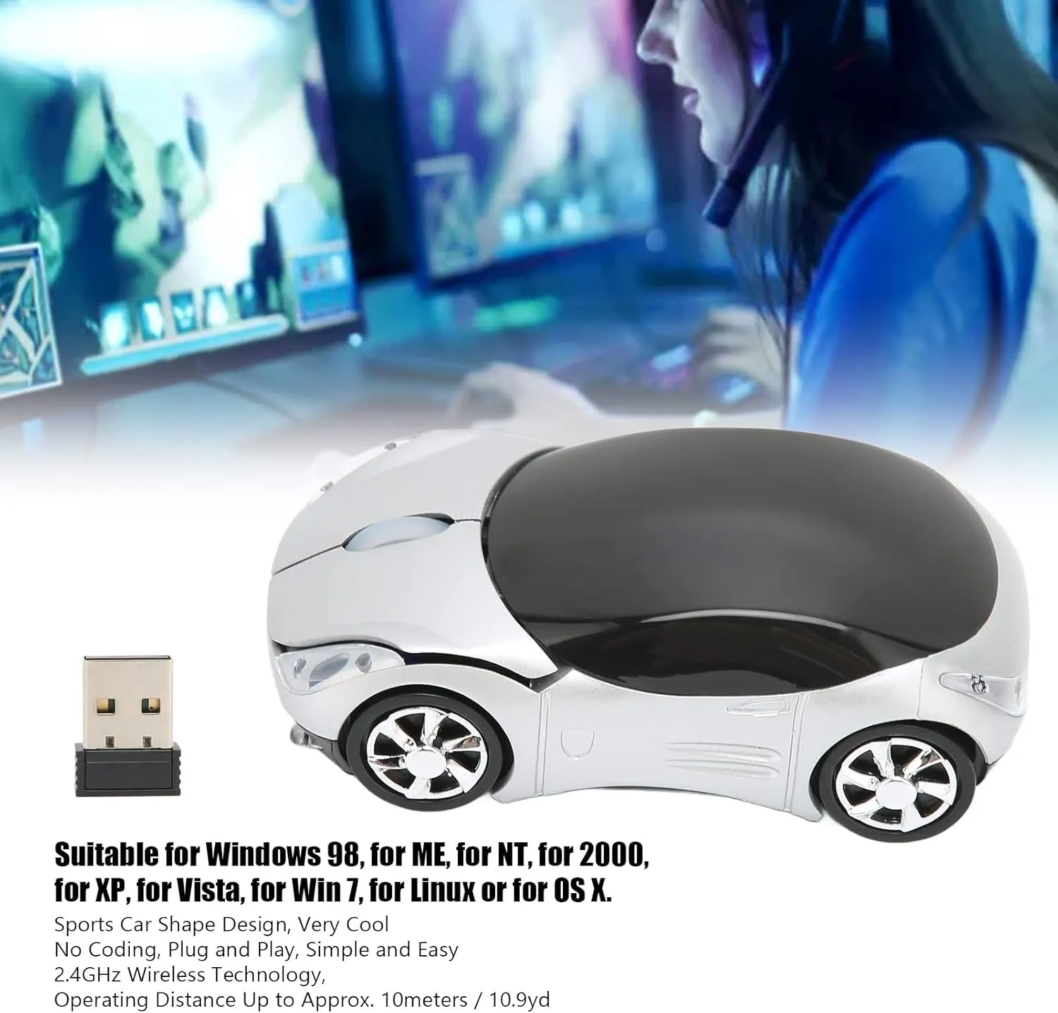 ASHATA Mouse, 2.4GHz Cool Sport Car Mouse, Car Shape Mouse Optical Gaming Mouse for 98 for Win 7 for Linux,for PC Laptop Computer (Silver)