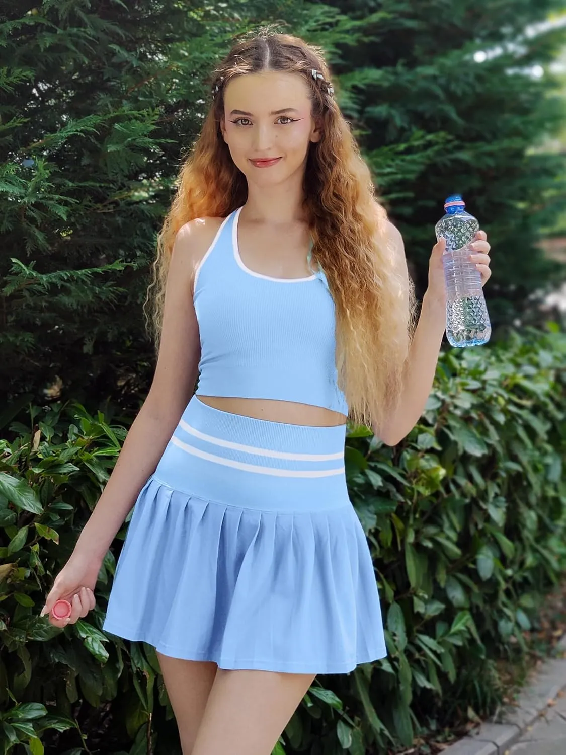ATTRACO 2 Piece Tennis Dresses for Women High Waisted Pleated Skirt Sets Seamless Colorblock Golf Outfits