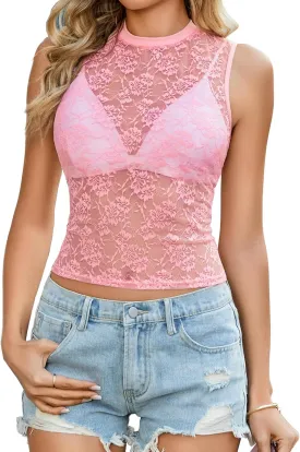 Avidlove Sexy Lace Top for Women Sleeveless Mesh Sheer Tops Mock Neck Lace Floral See Through Tank Blouses Shirts