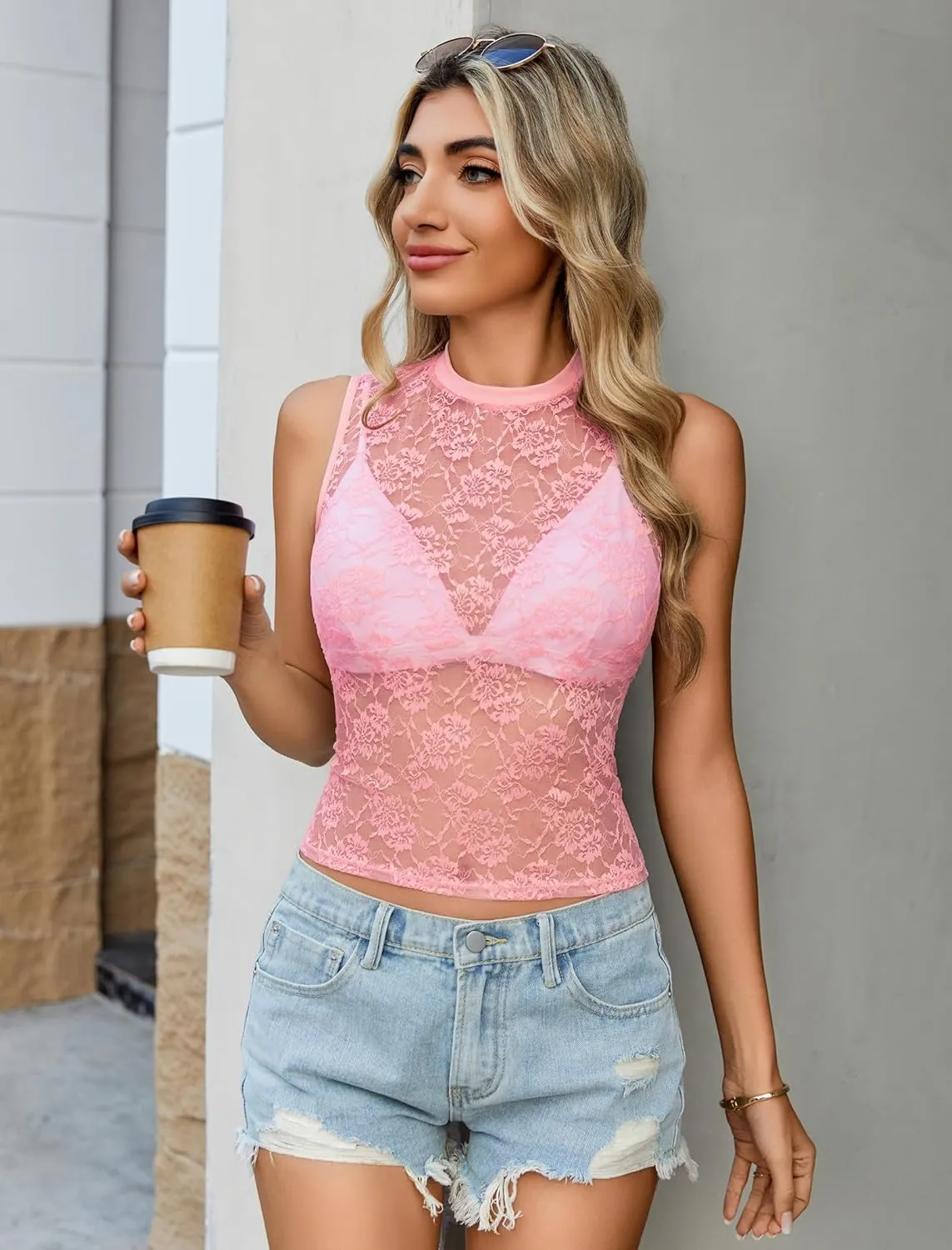 Avidlove Sexy Lace Top for Women Sleeveless Mesh Sheer Tops Mock Neck Lace Floral See Through Tank Blouses Shirts
