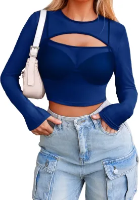Avidlove Women Mesh Crop Top Long Sleeve Tee Shirt Sheer Blouse Cutout Clubwear