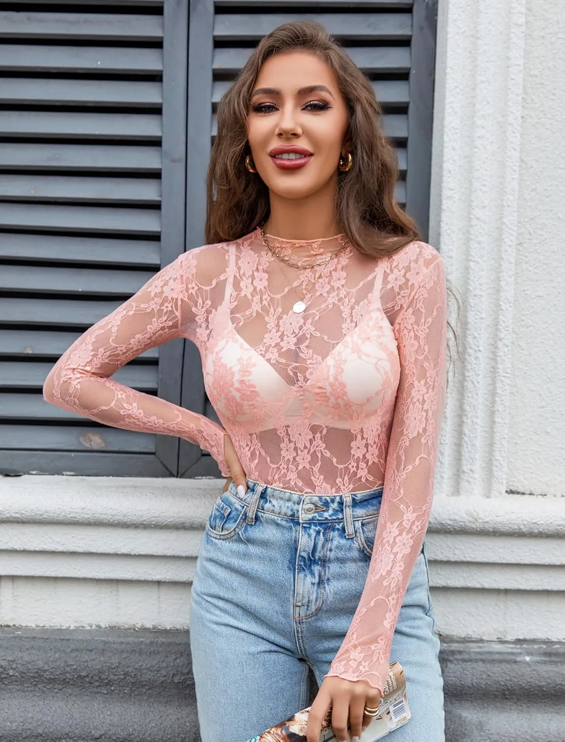 Avidlove Women's Mesh Top Long Sleeve Mock Neck Sheer Blouse See Through Floral Lace Tops