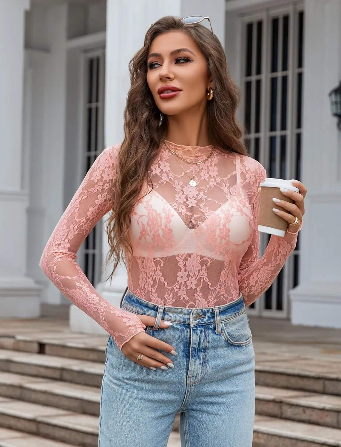 Avidlove Women's Mesh Top Long Sleeve Mock Neck Sheer Blouse See Through Floral Lace Tops