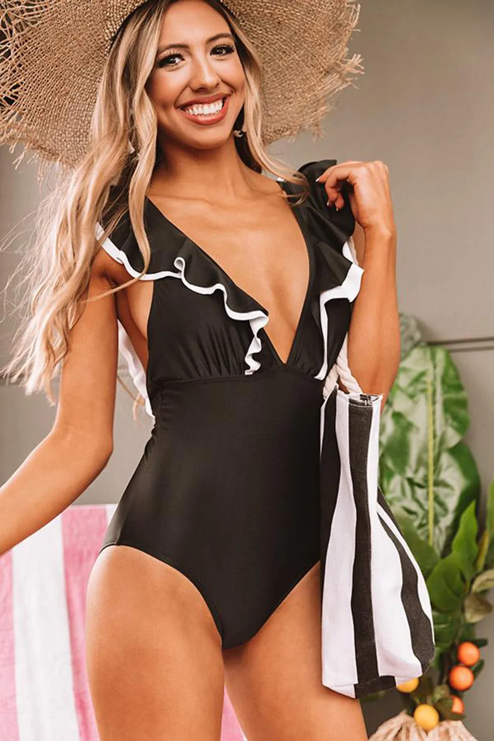 Black Ruffle Sleeve One Piece Swimsuit
