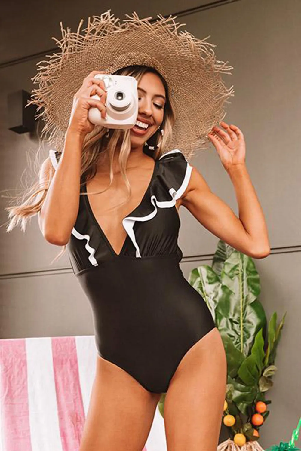 Black Ruffle Sleeve One Piece Swimsuit