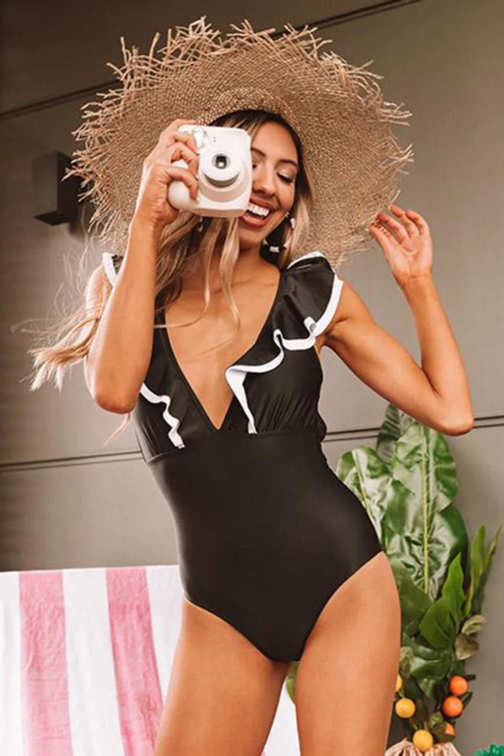 Black Ruffle Sleeve One Piece Swimsuit