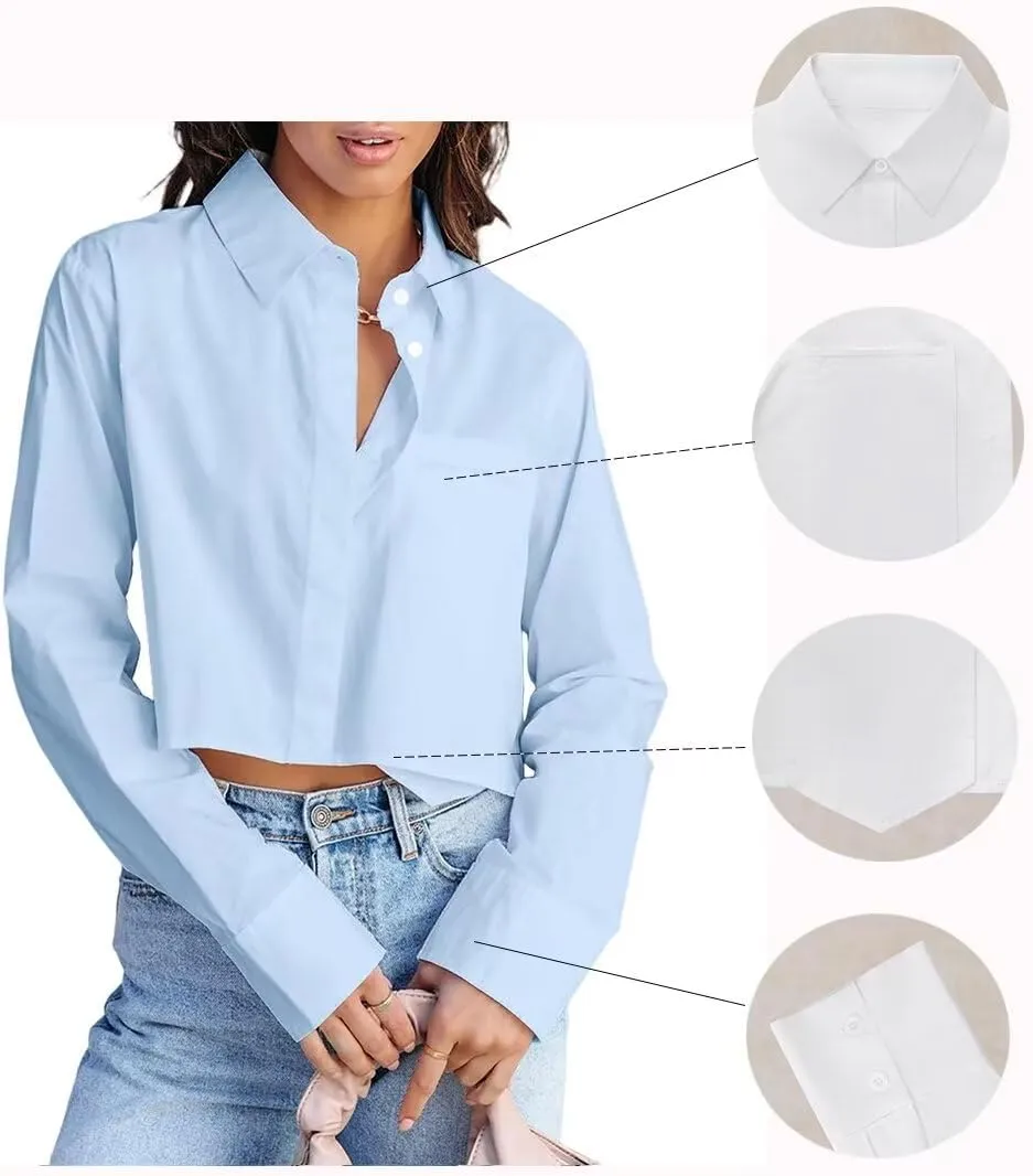 BONITEE Women Cropped Button Down Shirts 2025 Fall Trendy Casual Long Sleeve Crop Blouses Summer Sexy Button Lapel Tops