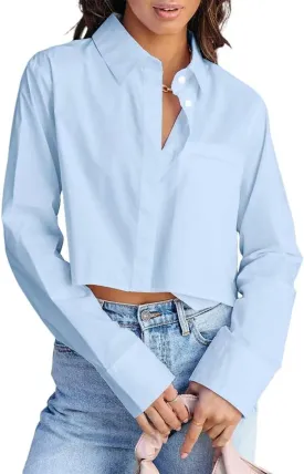 BONITEE Women Cropped Button Down Shirts 2025 Fall Trendy Casual Long Sleeve Crop Blouses Summer Sexy Button Lapel Tops