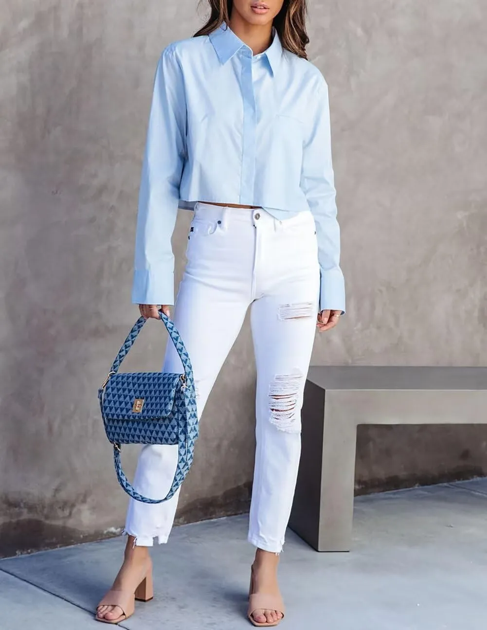 BONITEE Women Cropped Button Down Shirts 2025 Fall Trendy Casual Long Sleeve Crop Blouses Summer Sexy Button Lapel Tops