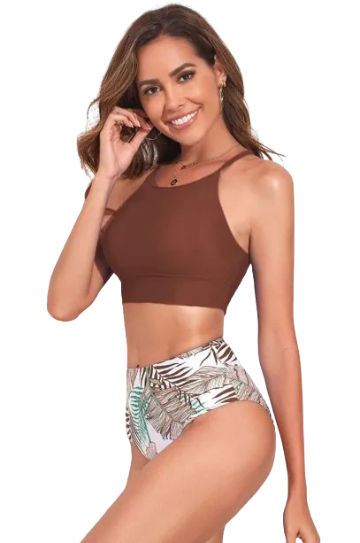 Brown Tropical Print Bikini Swimsuit