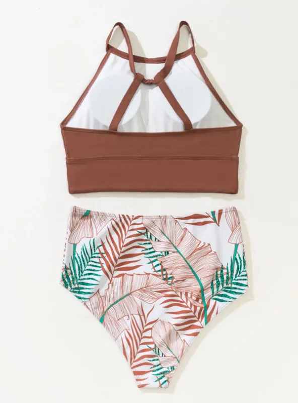 Brown Tropical Print Bikini Swimsuit