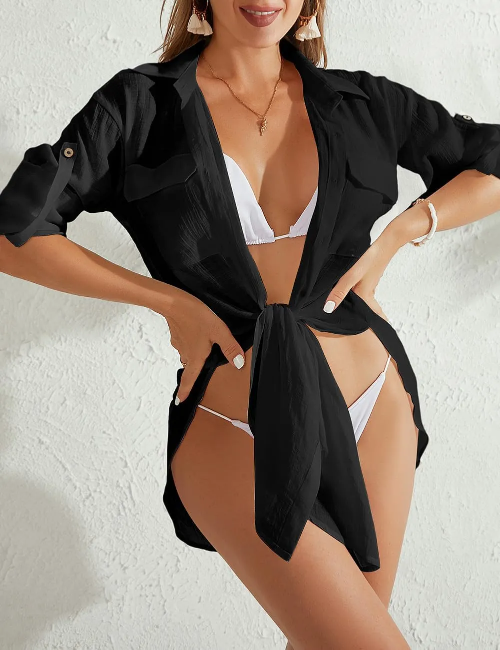 Bsubseach Women Button Down Rolled Cuffed Long Sleeve Shirt Side Slit Collared Blouses with Pockets Oversized Rayon Tops