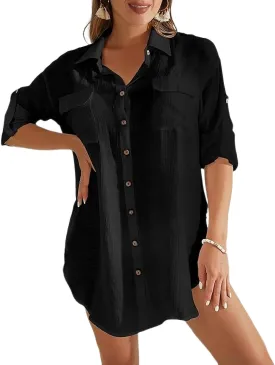 Bsubseach Women Button Down Rolled Cuffed Long Sleeve Shirt Side Slit Collared Blouses with Pockets Oversized Rayon Tops