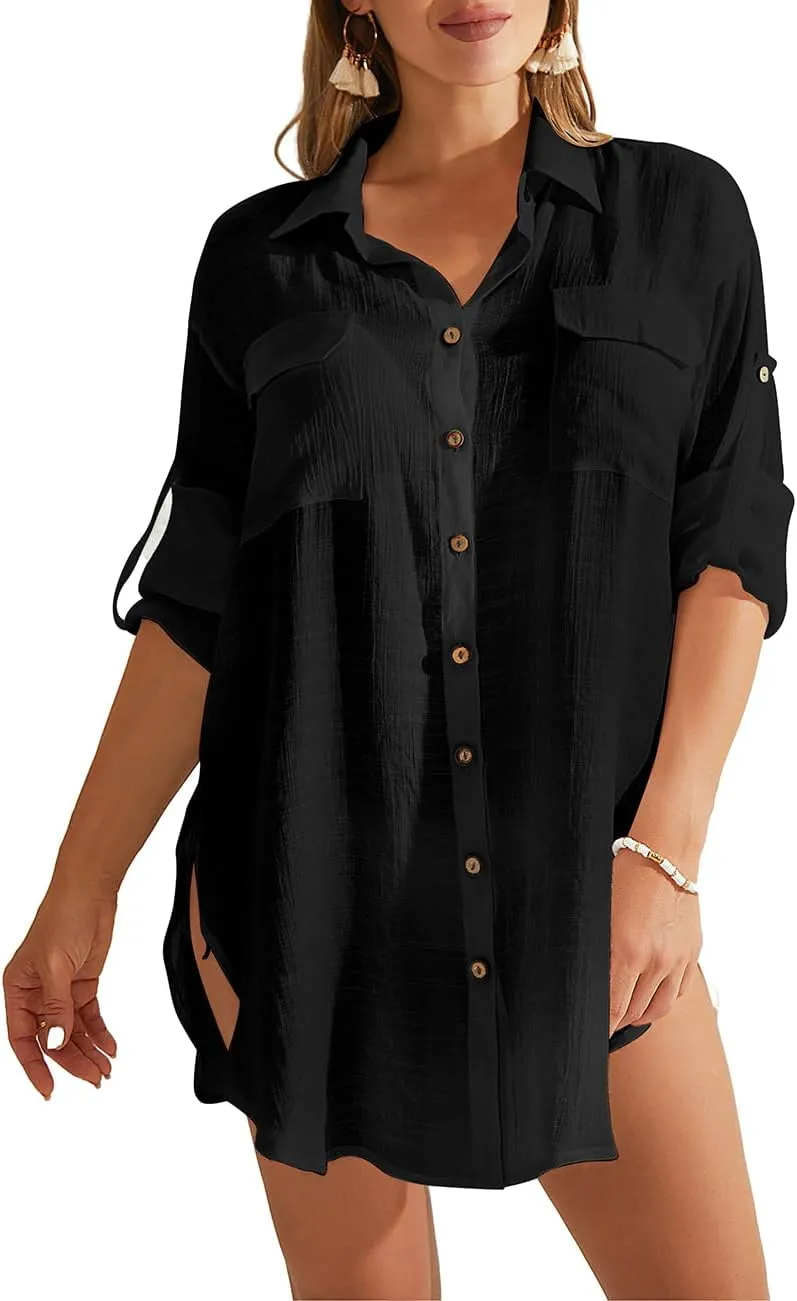 Bsubseach Women Button Down Rolled Cuffed Long Sleeve Shirt Side Slit Collared Blouses with Pockets Oversized Rayon Tops