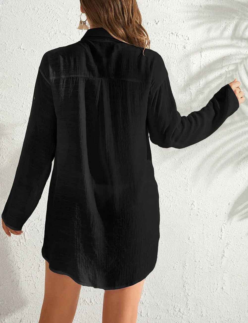 Bsubseach Women Button Down Rolled Cuffed Long Sleeve Shirt Side Slit Collared Blouses with Pockets Oversized Rayon Tops