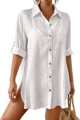 Bsubseach Women Button Down Rolled Cuffed Long Sleeve Shirt Side Slit Collared Blouses with Pockets Oversized Rayon Tops