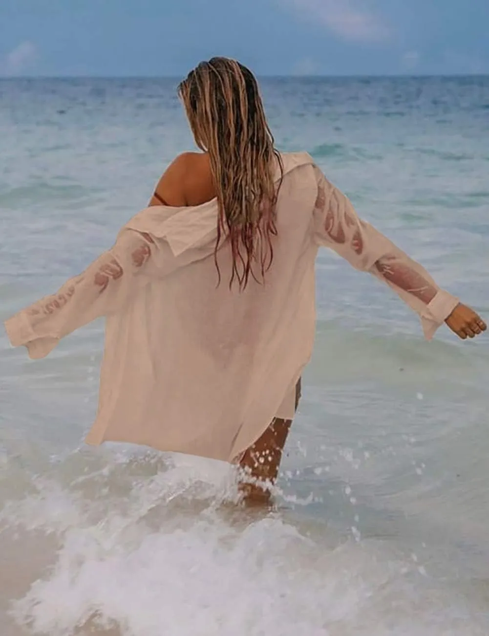 Bsubseach Women Long Sleeve Beach Shirt Blouses Bathing Suit Cover Up Button Down Collar