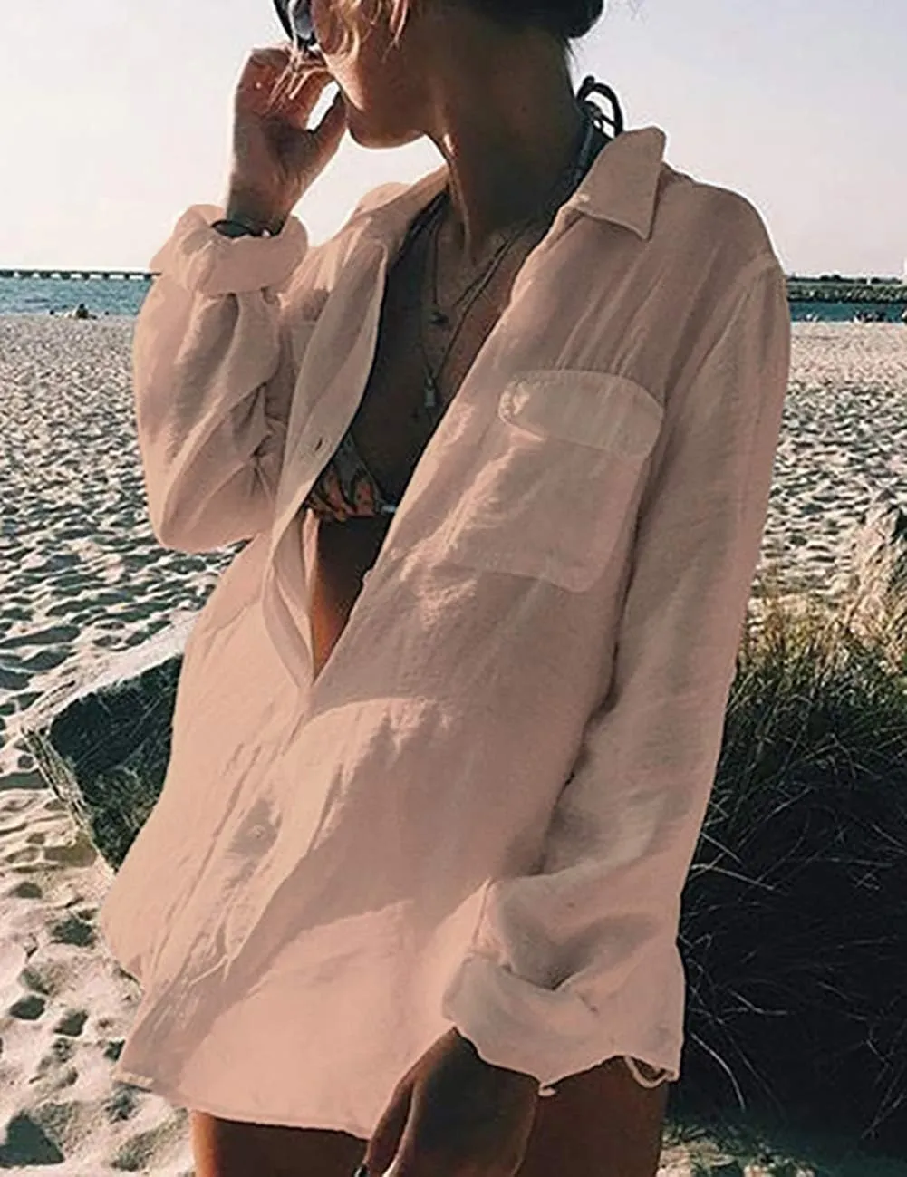 Bsubseach Women Long Sleeve Beach Shirt Blouses Bathing Suit Cover Up Button Down Collar