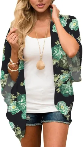 Camisunny Women Chiffon Printed Cardigan Kimono Robe Tops Beach Bikini Cover up Blouse