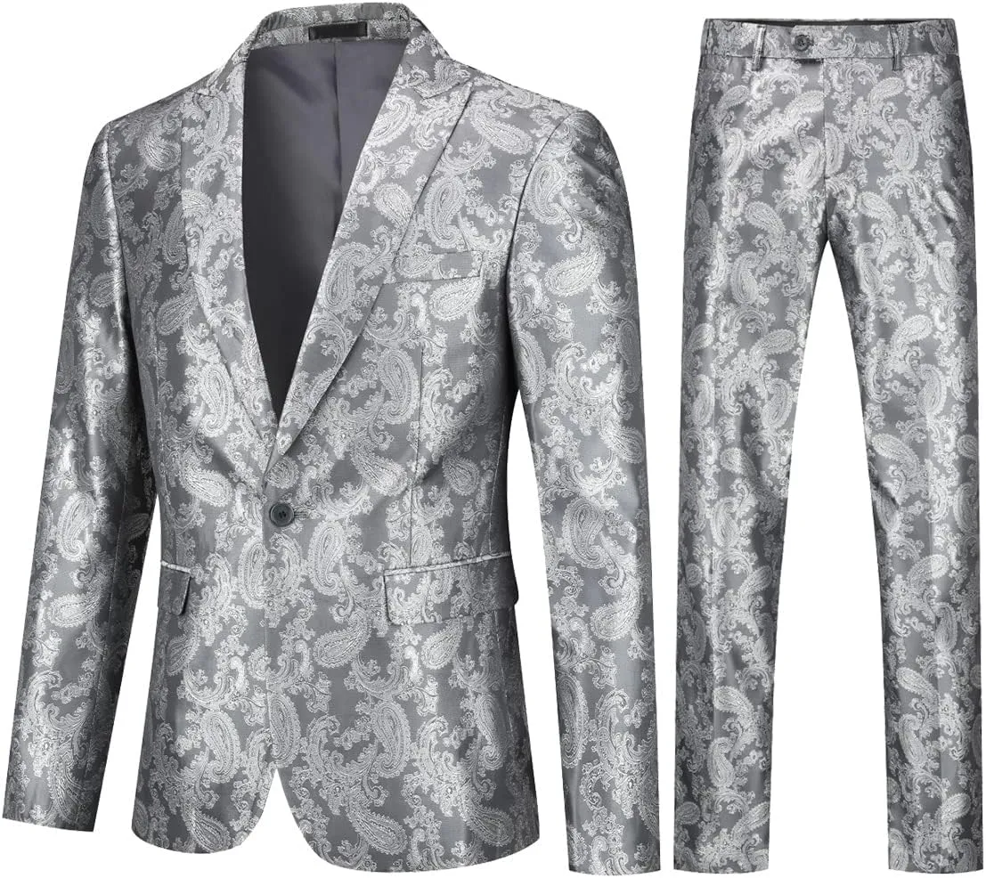 Cloudstyle Mens 2 Piece Paisley Dress Suit One Button Party Wedding Blazer Pants Sets