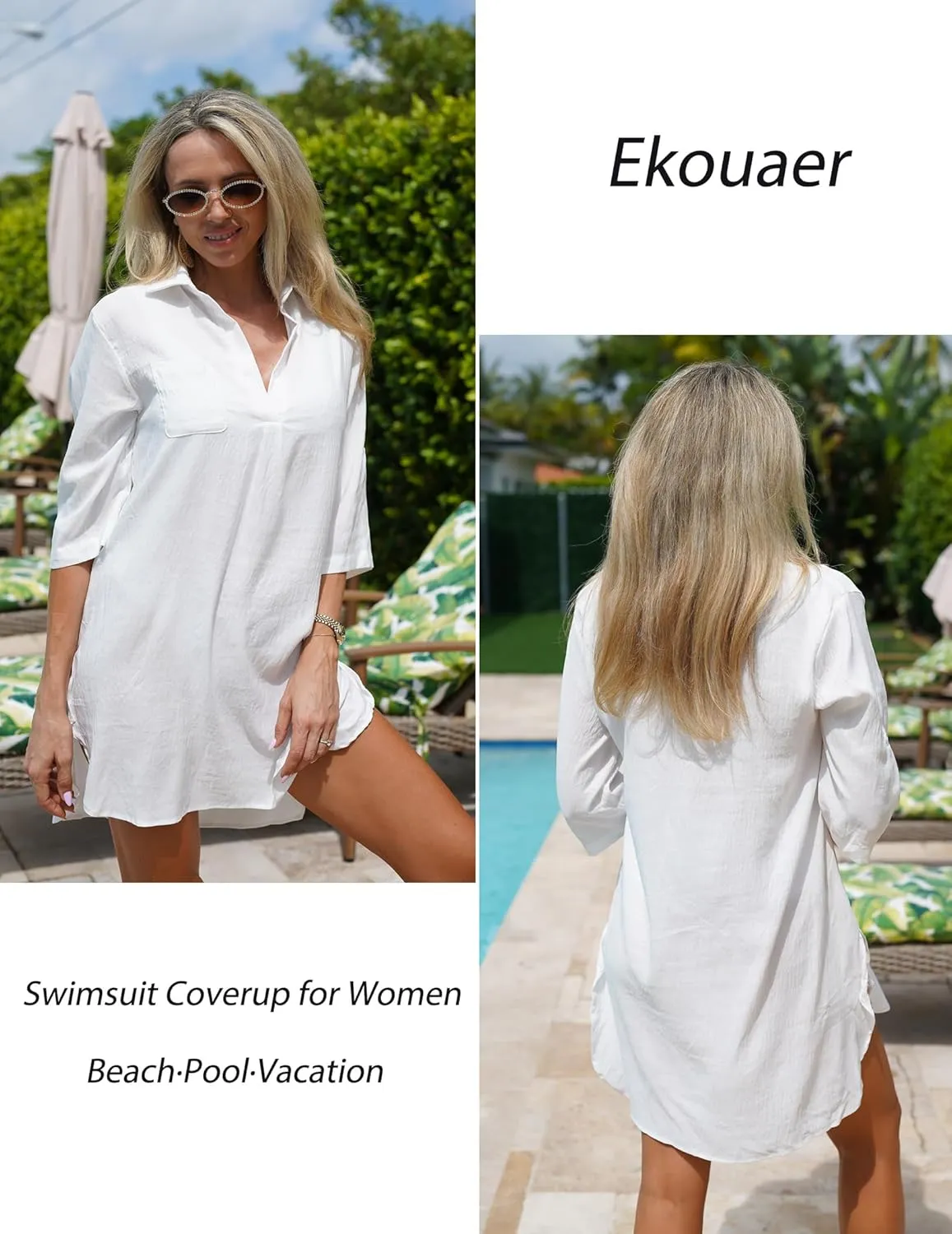 Ekouaer Beach Cover Ups for Women V Neck Bathing Suit Cover Up Bikini Swimsuit Coverup Beach Dress Shirt S-3XL