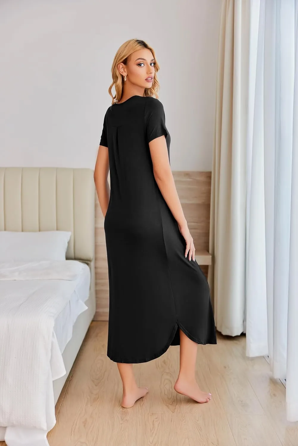 Ekouaer Long Nightgowns for Women House Dress Plus Size Sleepwear Pleated Full Length Loungwear S-4XL