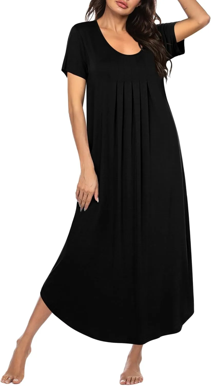 Ekouaer Long Nightgowns for Women House Dress Plus Size Sleepwear Pleated Full Length Loungwear S-4XL