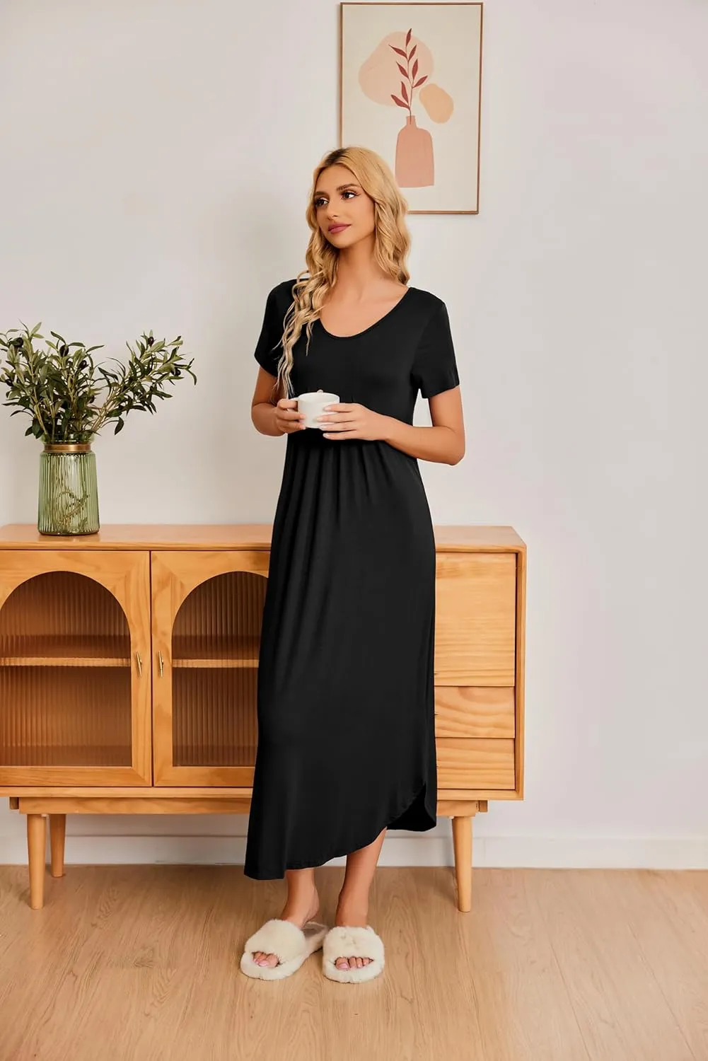 Ekouaer Long Nightgowns for Women House Dress Plus Size Sleepwear Pleated Full Length Loungwear S-4XL