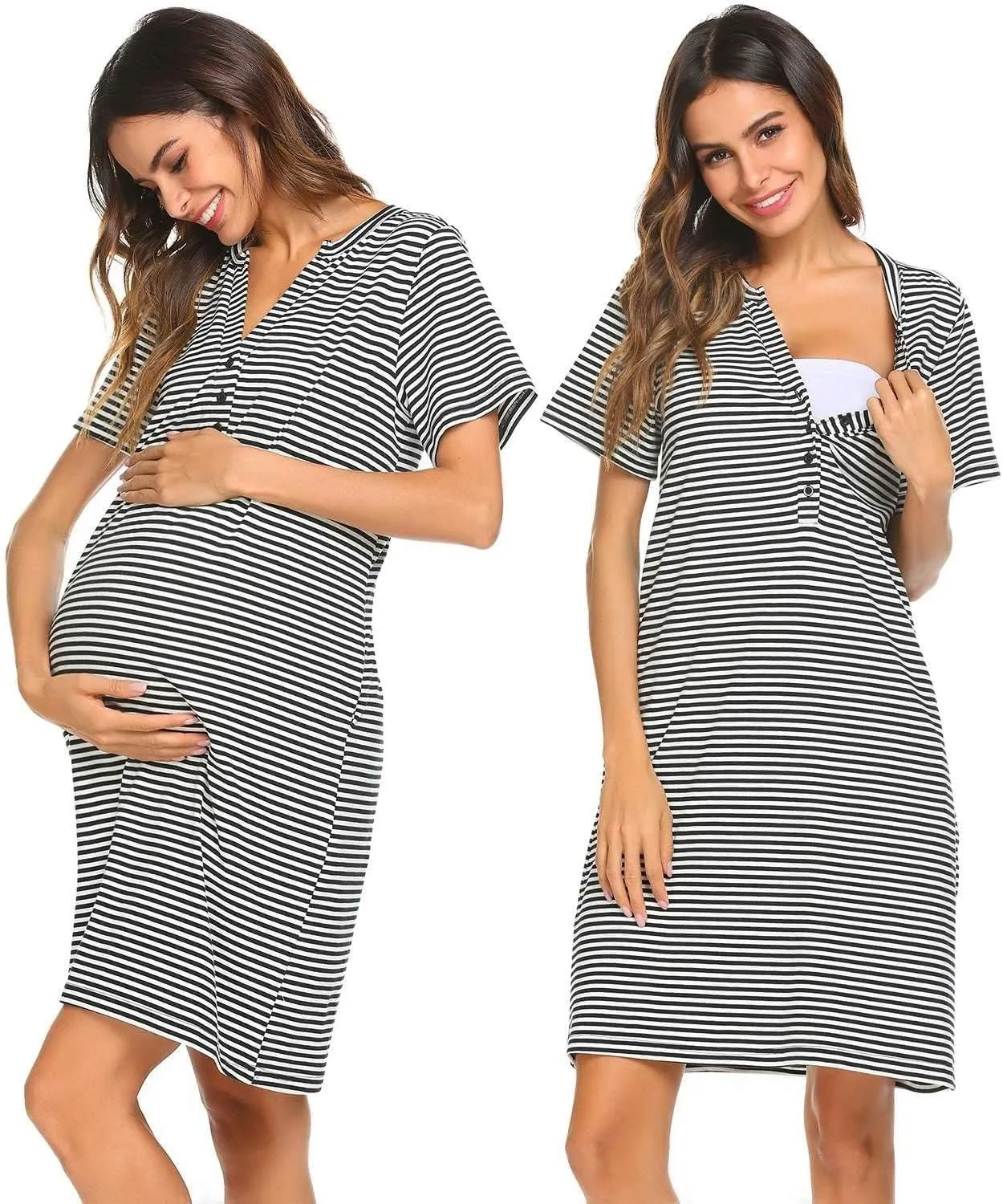 Ekouaer Nursing Nightgown Striped Women Short Sleeve Breastfeeding Sleep Dress Maternity Delivery/Labor Gown