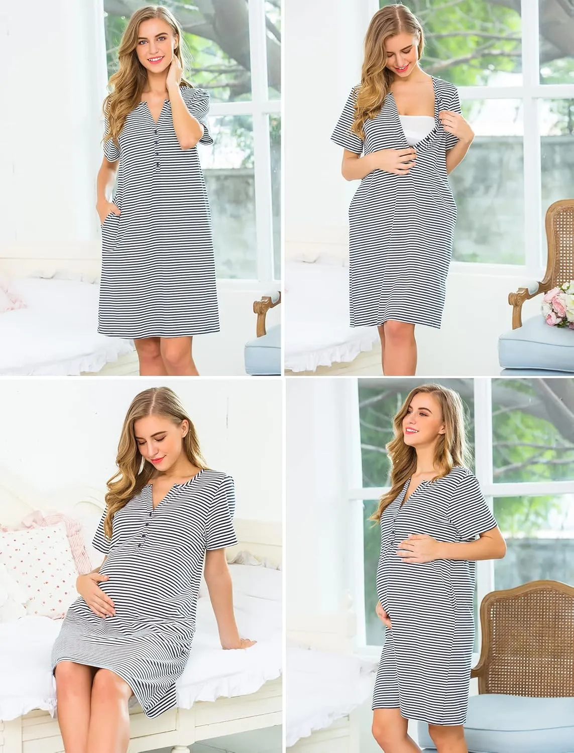 Ekouaer Nursing Nightgown Striped Women Short Sleeve Breastfeeding Sleep Dress Maternity Delivery/Labor Gown