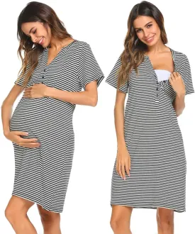 Ekouaer Nursing Nightgown Striped Women Short Sleeve Breastfeeding Sleep Dress Maternity Delivery/Labor Gown