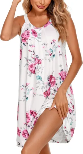 Ekouaer Women's Nightgown Sleeveless Sleepwear Wide Strap Sleep Shirt Pleated Scoopneck Nightshirt S-XXXL