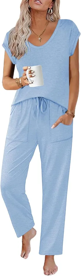 Ekouaer Womens Pajama Sets Short Sleeve Sleepwear Tops and Long Pants V Neck Pjs 2 Piece Lounge Set with Pockets S-XXL