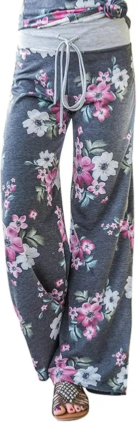 Elsofer Women's Pajama Lounge Pants Floral Print Comfy Casual Stretch Palazzo Drawstring Pj Bottoms Pants Wide Leg