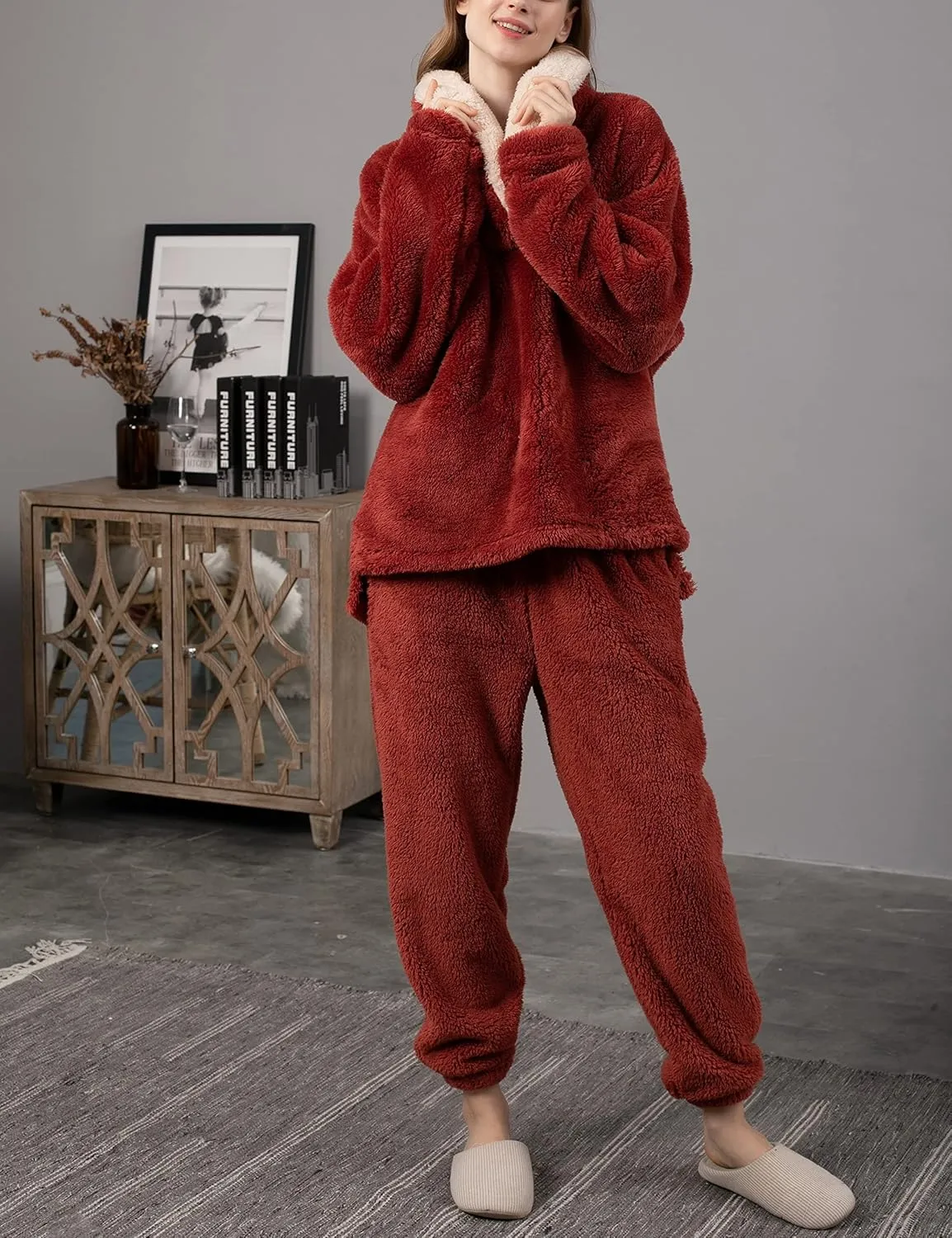 Faleave Womens Winter Fluffy Pajamas Set Warm Fleece Pants Pullover Plush Sleepwear