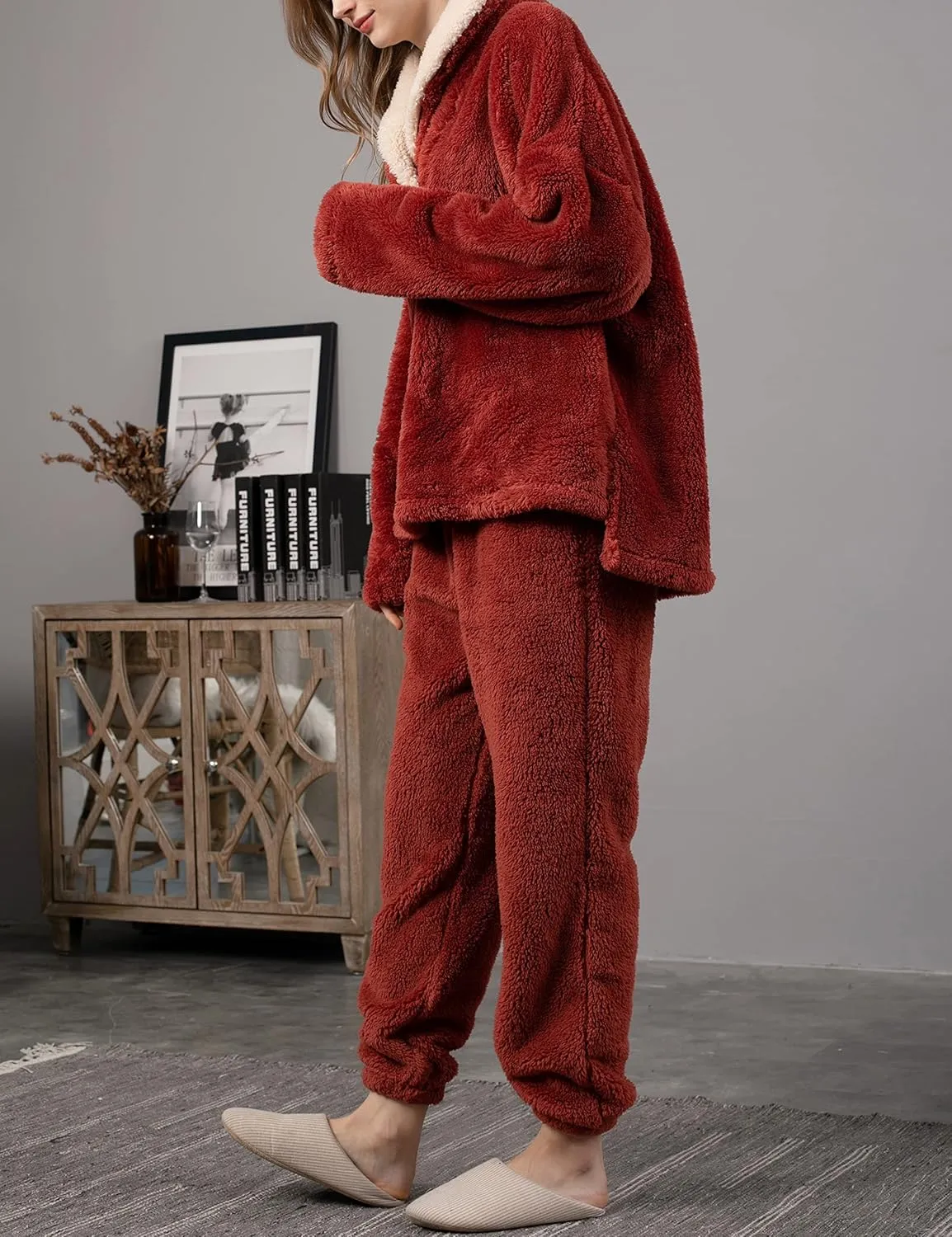 Faleave Womens Winter Fluffy Pajamas Set Warm Fleece Pants Pullover Plush Sleepwear