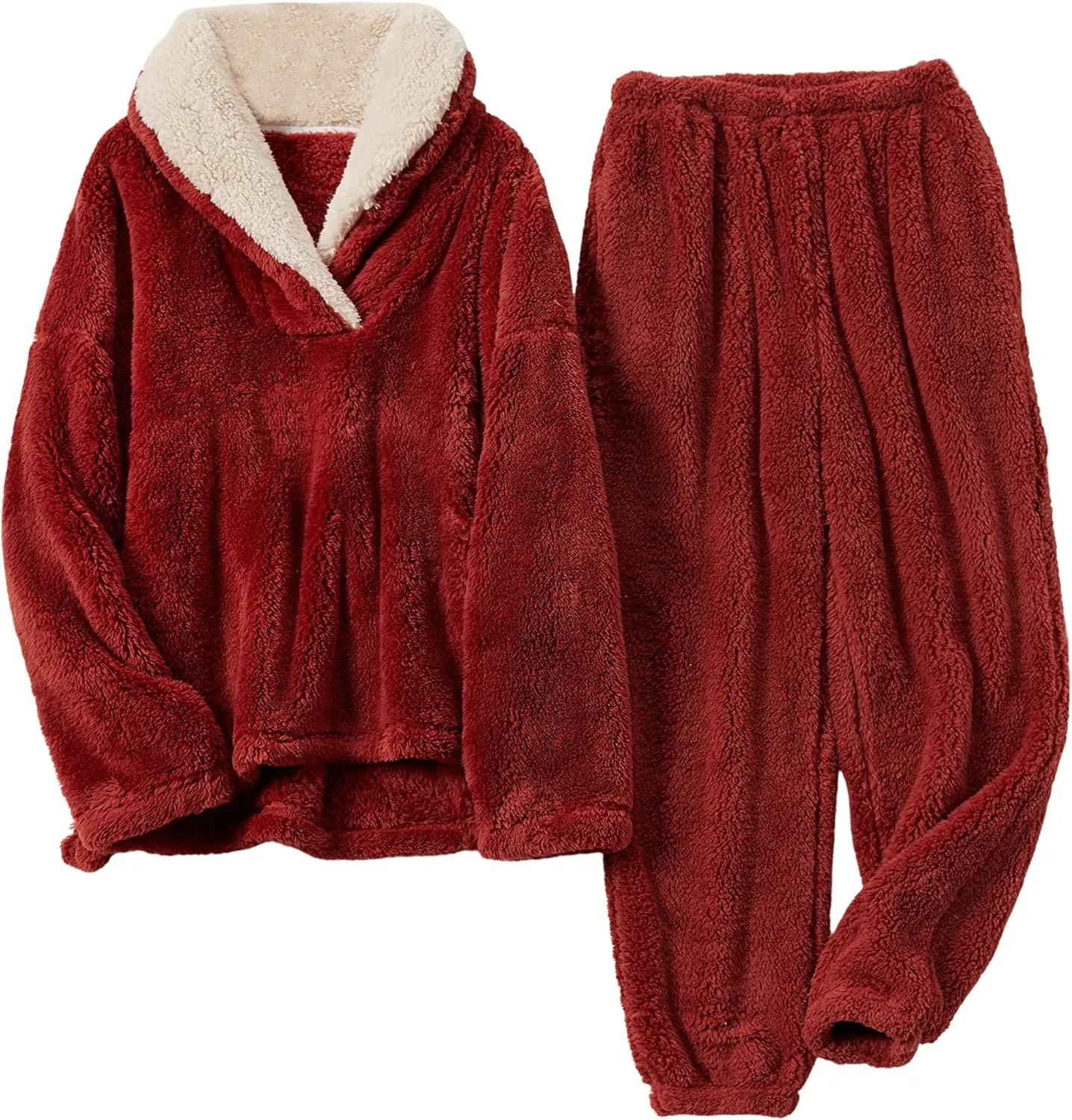 Faleave Womens Winter Fluffy Pajamas Set Warm Fleece Pants Pullover Plush Sleepwear