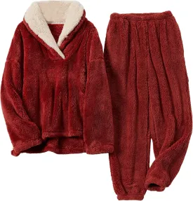 Faleave Womens Winter Fluffy Pajamas Set Warm Fleece Pants Pullover Plush Sleepwear